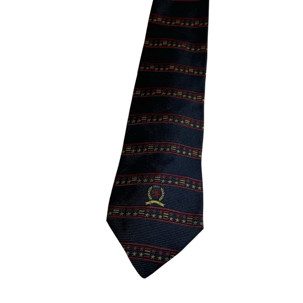 Vintage Tommy Hilfiger Silk Necktie Patriotic Star Stripe Preppy 90s Navy Red